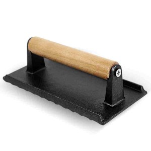 cast iron steak weight grill press with wooden handle