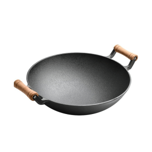 Cast Iron Wok with Wooden Handles for High-Heat Cooking